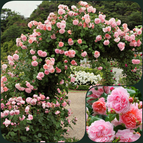 Strawberry Hill – trandafir catarator David Austin crescut pe pergola